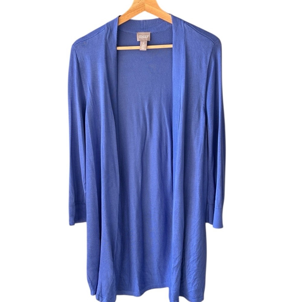Chico’s Sz L Open Cront Long Line Knit Periwinkle Cardigan